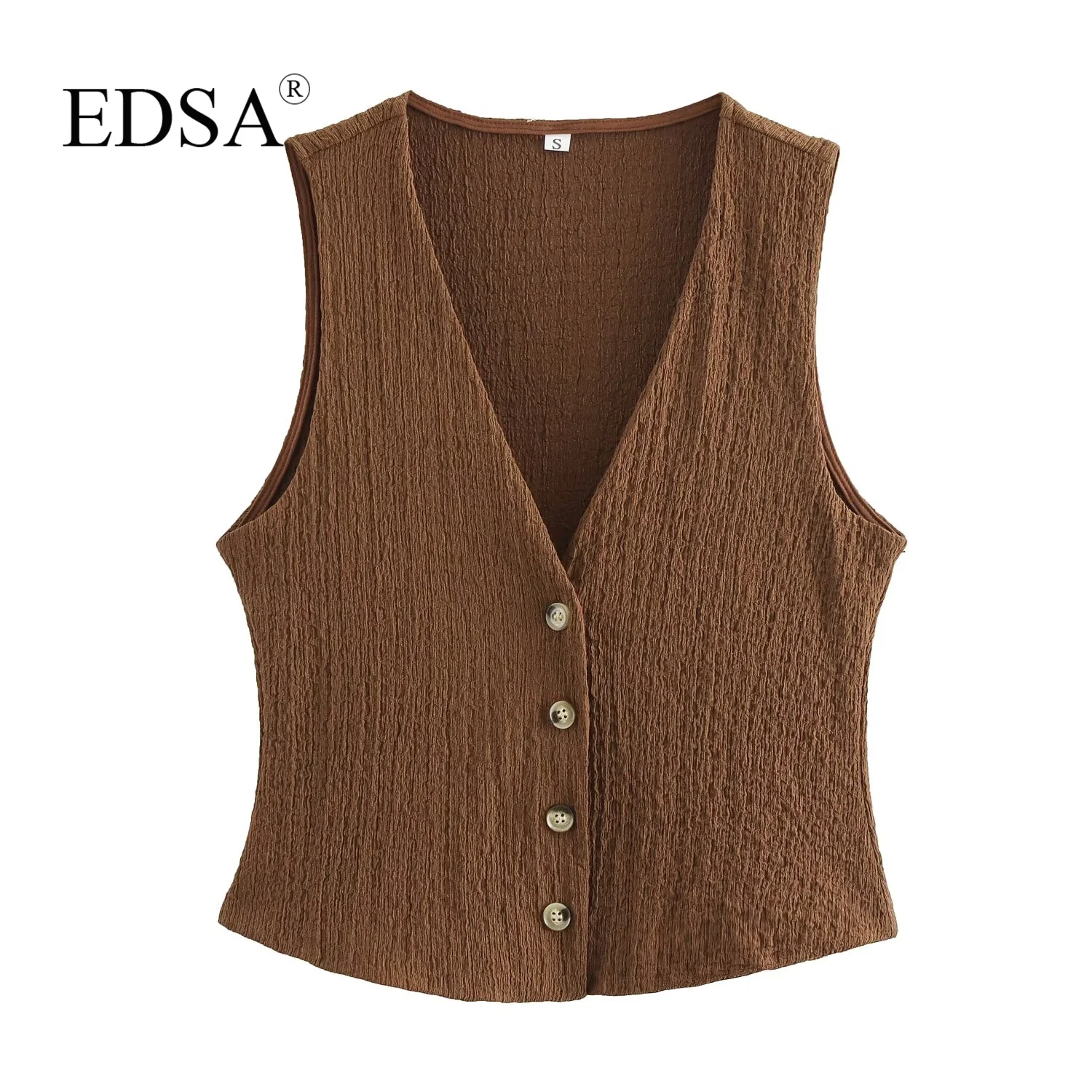 EDSA Women 2 Pcs Set V-Neck Single Breasted Solid Texture Casual Vest Top+High-Waisted Drawstring Wide Leg Pants