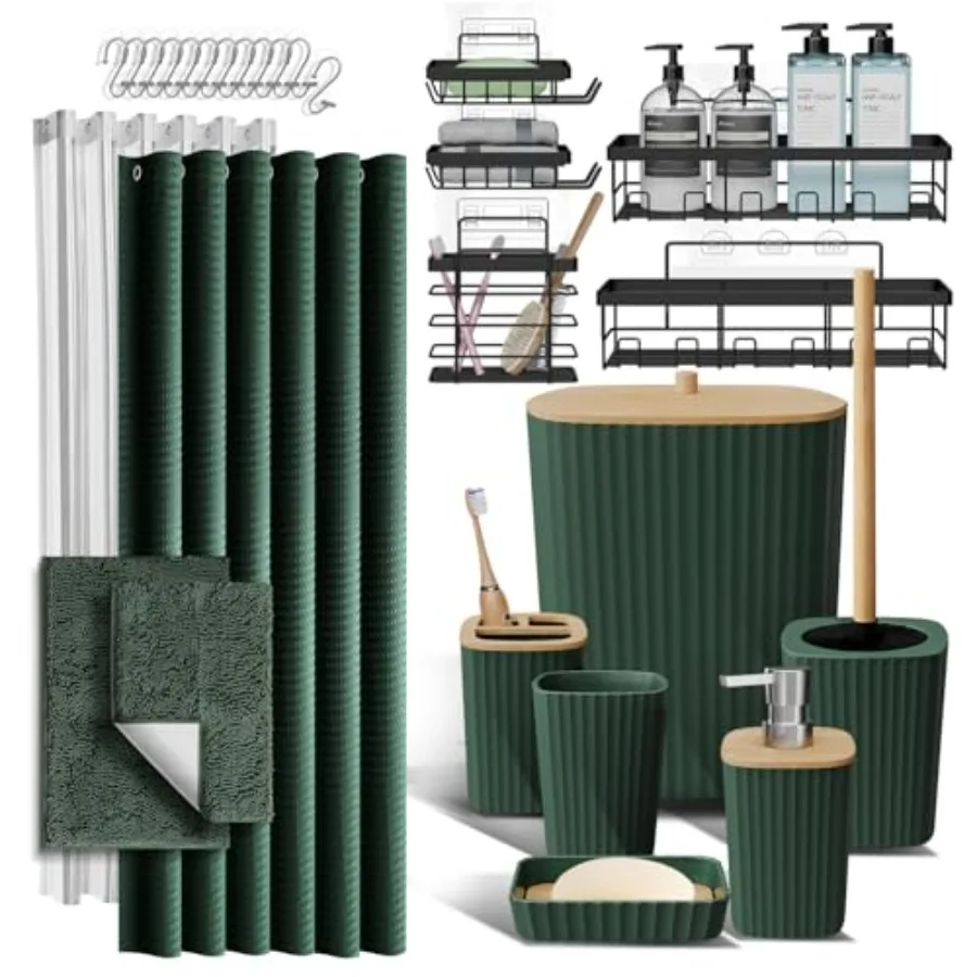

Bathroom Accessories Set - 27PC Bathroom Set with Adhesive Corner Shower Caddy Hanging Bathroom Sets with Shower Curtain and Ru