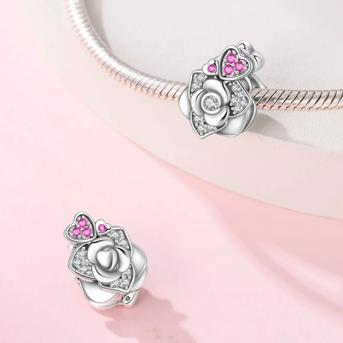 925 Sterling Silver Valentine\'s Day Pink Rose Charms Heart Beads Fit Original Bracelet Diy Anniversary Jewelry for Women