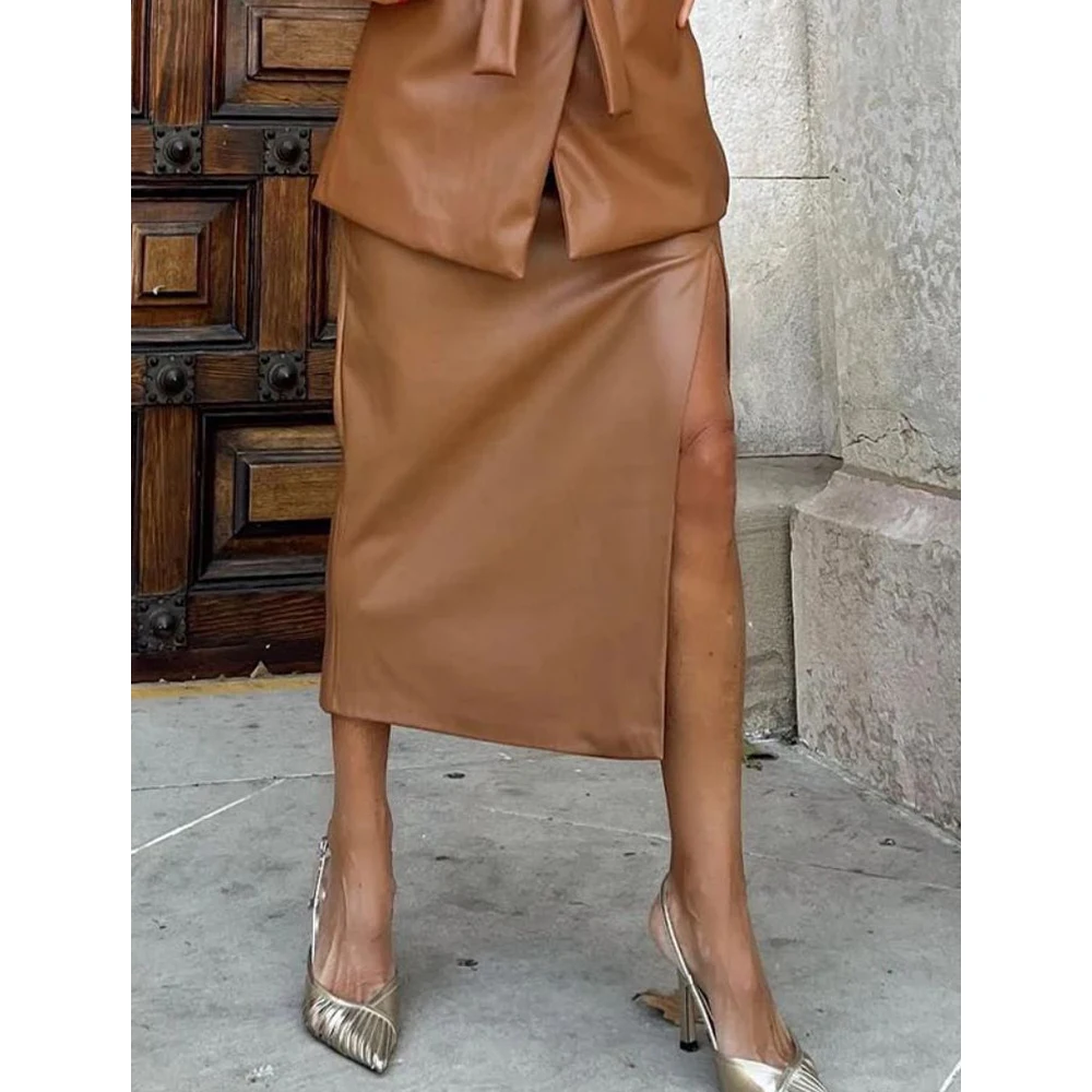 Mia Muse Autumn Winter  Women's Leather Skirts Retro Vintage Decent Wild Split Hem High Waist Midi Skirts