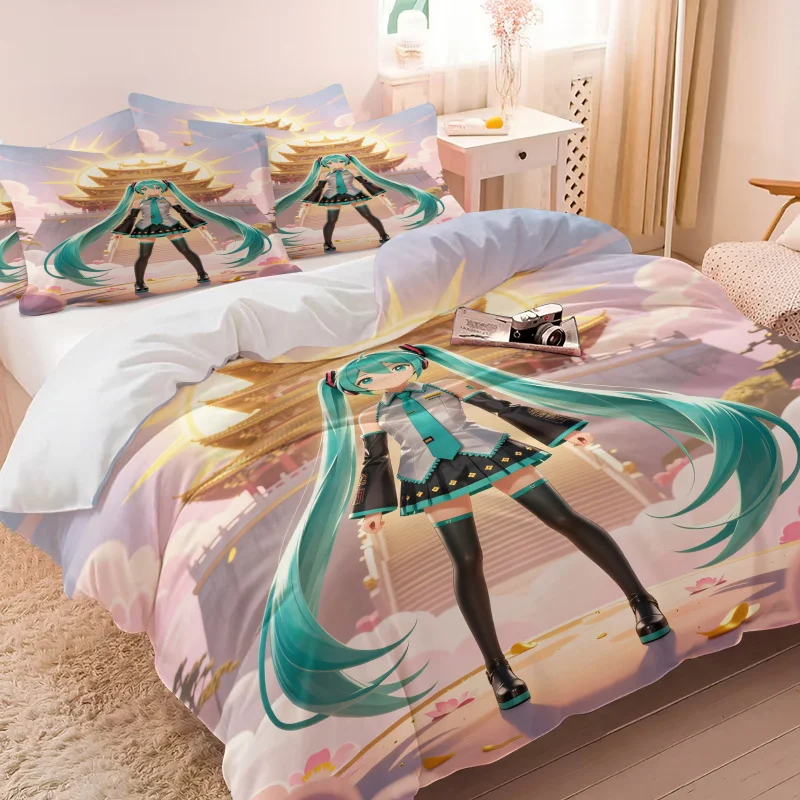 初音ミクゴールデン中国寺院布団カバーセットアニメ寝具1-2枕カバー付きゲームルームティーン寝室装飾ファンギフト
