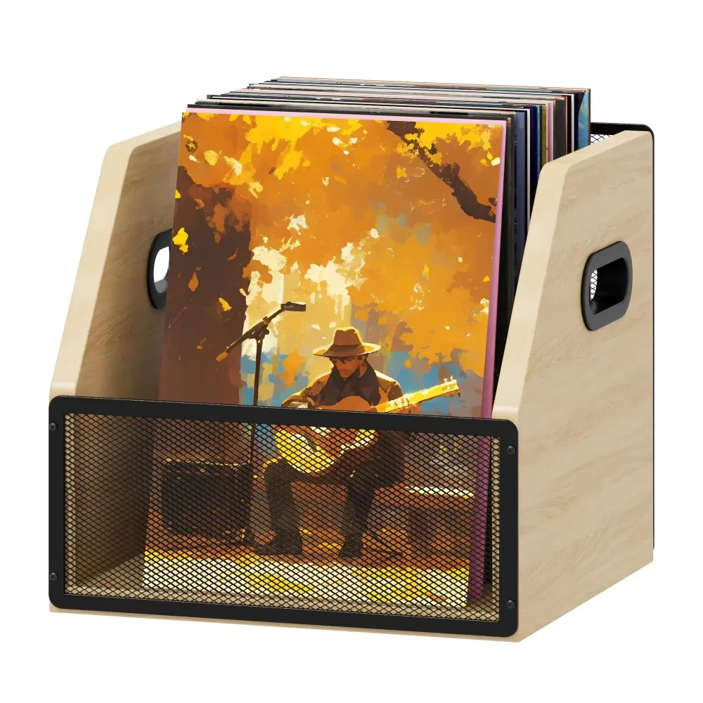 

Modern Wooden CD Rack Living Room Storage Crate with Desktop Album Holder LP Record Box