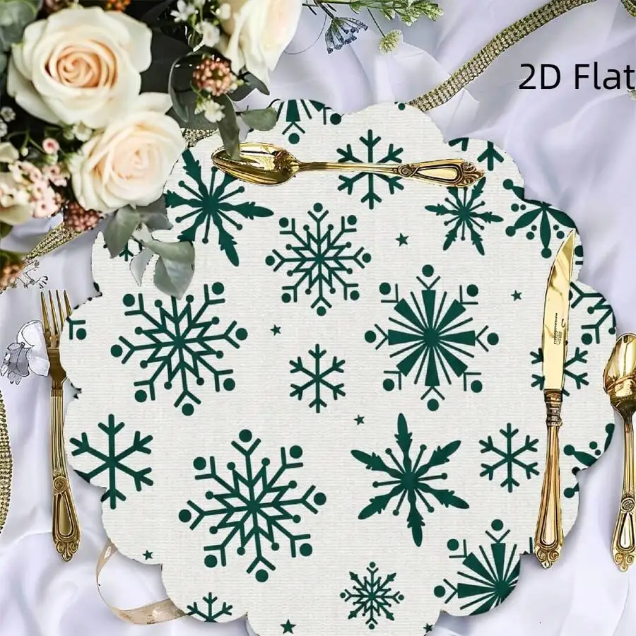 4PC/6PC Two Sizes Of Lace Placemats, Flat 4Pcs Green Snowflake Print Round Placemats, Suitable Holiday Dining, Table