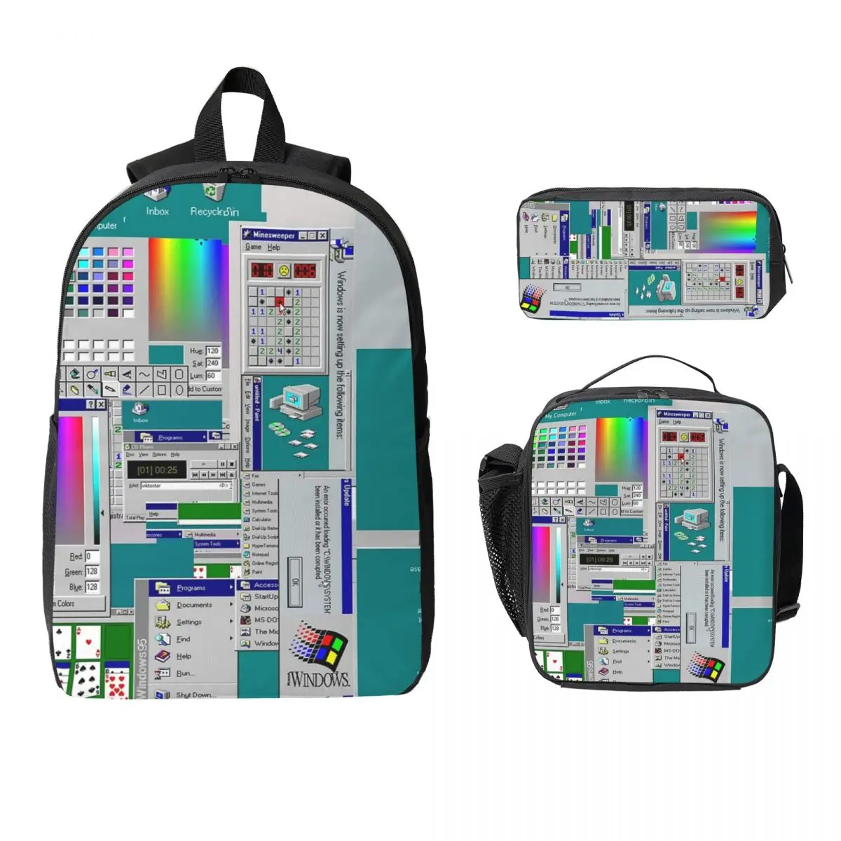 

Рюкзак с коллажем Windows 95, студенческая сумка для книг для мальчиков и девочек, школьная сумка, сумки на плечо для ноутбука, 3 предмета, изолированная сумка для обеда, пенал