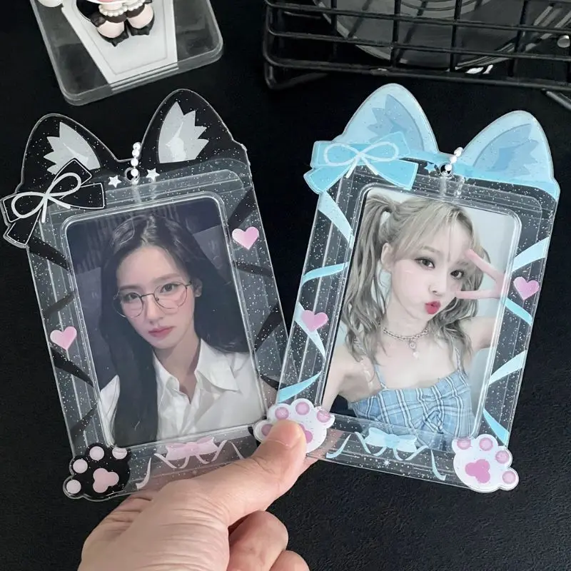 Cartoon Cat Ribbon Photocard Holder PVC Photo Sleeves Bag Pendant 3 Inch Student Girls ID Bus Card Holder Card Organizer