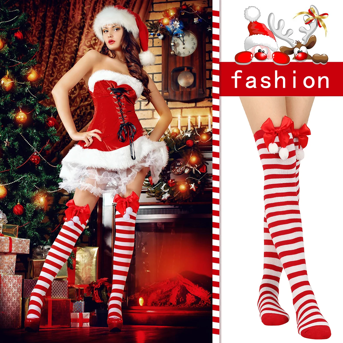 Calcetines navideños a rayas rojas y blancas por encima de la rodilla con lazo y pompón, medias largas para fiestas navideñas para mujer, calcetines festivos hasta el muslo para cosplay navideño, lindos calcetines a rayas estilo Papá Noel para Navidad