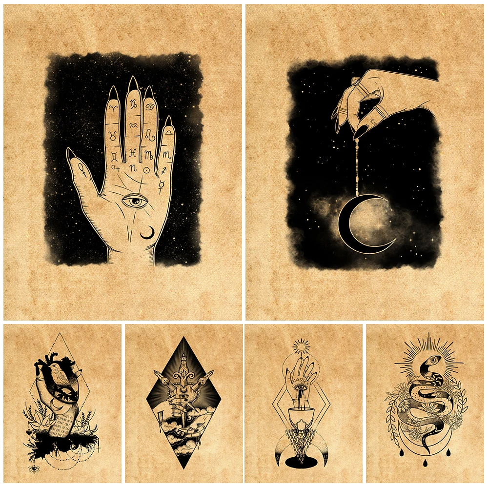 Sacred Heart And Witchcraft Divination Wall Art Canvas Painting Sun Moon Witch Hand Poster And Print Home Decoration Unframed