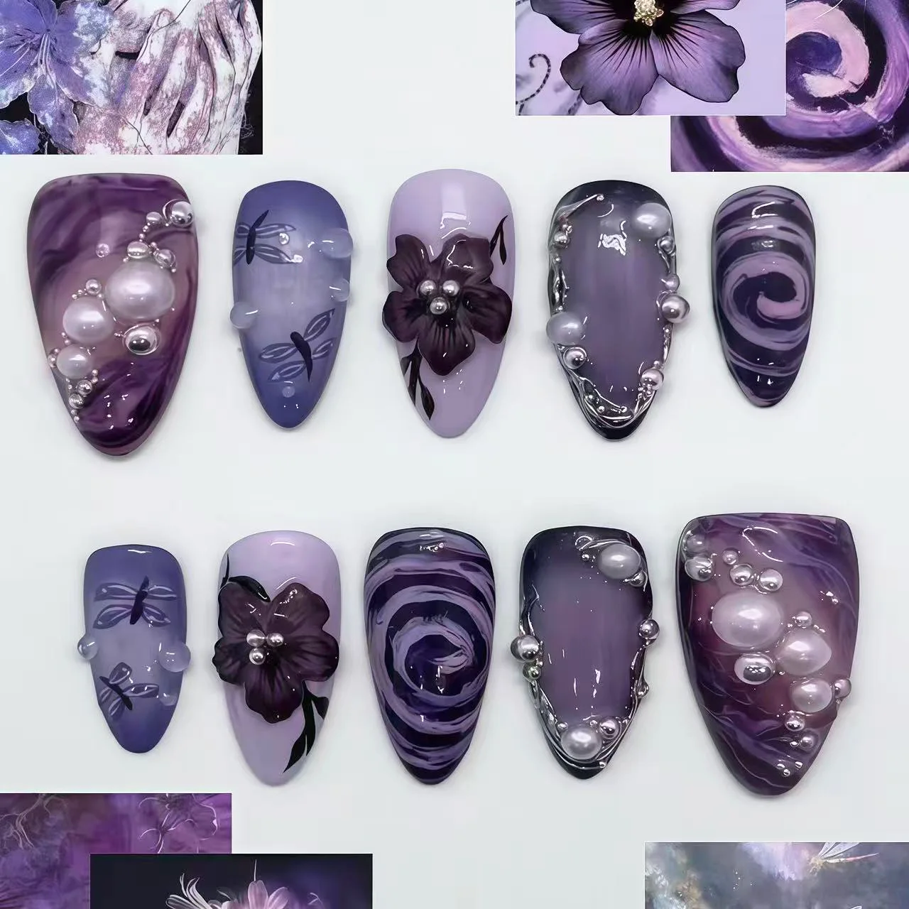 24Pcs 3D Flower Bow Almond False Nails Butterfly Gilded Silver Heart Full Cover Nails Tips Black Gradient French Detachable Nail
