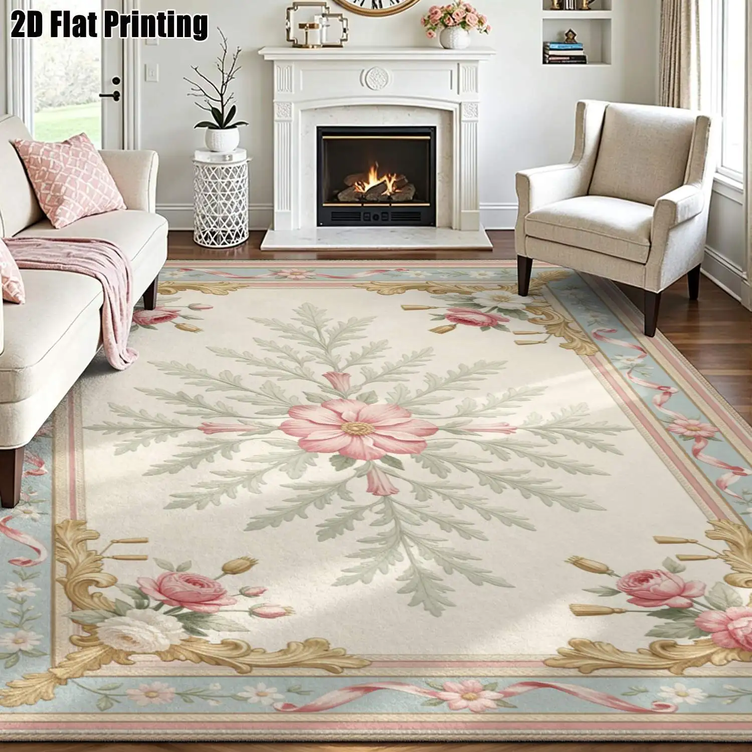 1Pc 2D Printed Pink Floral Carpet: Vintage European-Style, Fresh-Colored, Machine Washable, Multi-Size, Ideal for Home Decoration & Multi-Scene Use