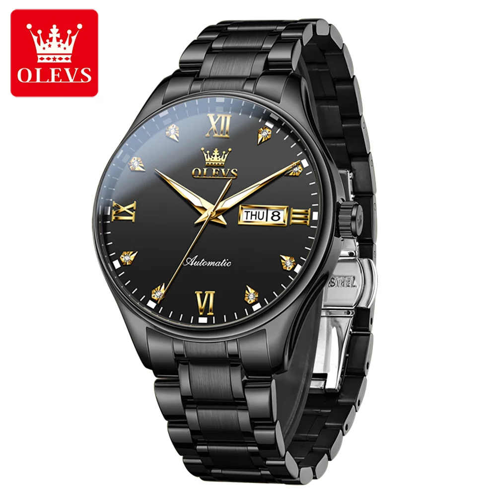 OLEVS 9955 Mechanical Watch for Men Stainless Steel Waterproof Dual Calendar Business Men's Wristwatch Luxury Automatic Watches