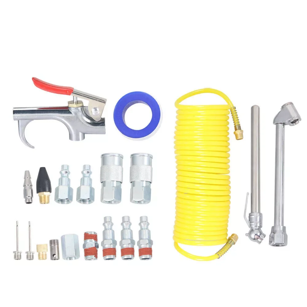 20pcs Air Compressor Accessory Kit 25Ft Recoil Hose Gun Nozzles Set 1/4" NPT