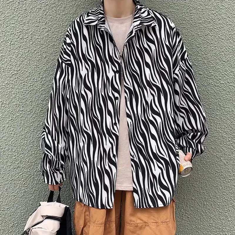 Autumn Shirt Men Casual Black White Zebra Striped Lapel Shirt Long Sleeve Male Blouse Fashion Loose Punk Street Shirts