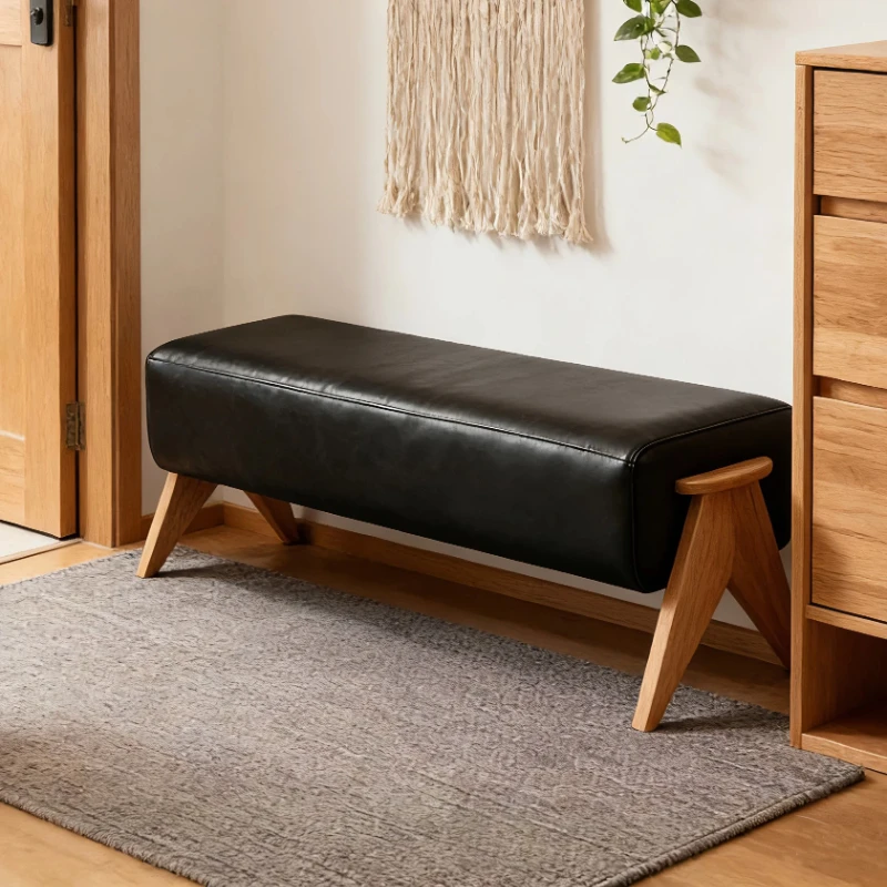 Mid-Century Modern Solid Wood Bench High-end Home Shoe Changing Stool Minimalist Upholstered Stool Entryway Or Bedroom Bench