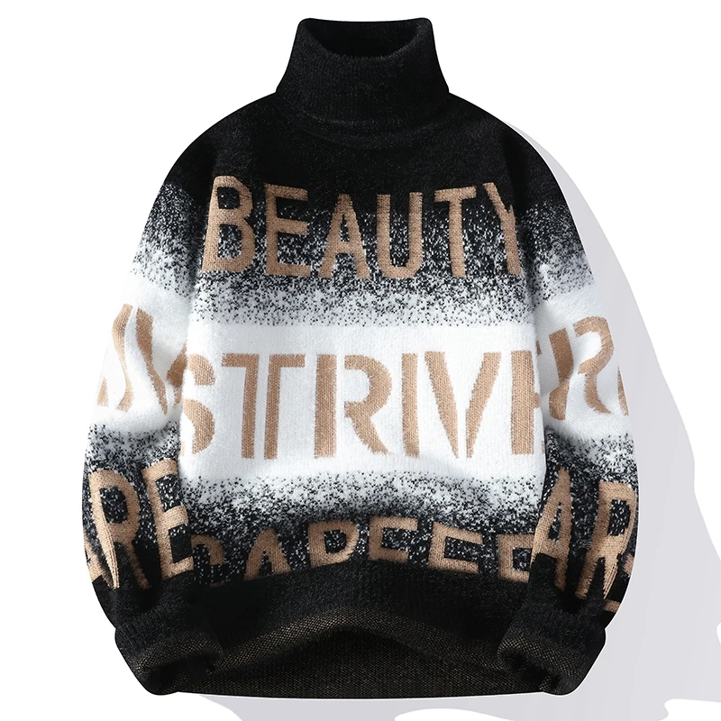 

Модный мужской свитер с буквенным принтом и высоким воротом, теплый базовый слой для осени и зимы, вязаная кофта для подростков и студентов