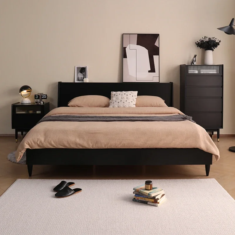 

Nordic Black Solid Wood Bed Home Modern Minimalist Bedroom Double Bed 1.8M