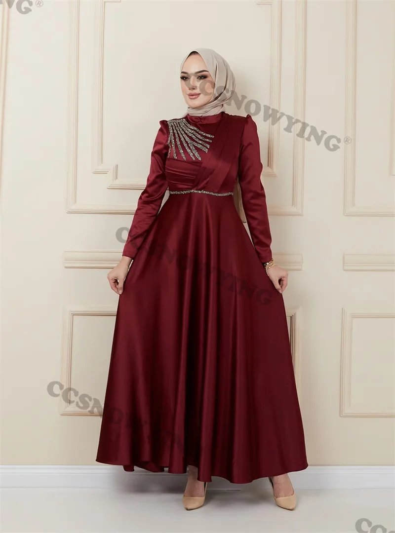 

Burgundy Satin Appliques Beaded Muslim Hijab Evening Dresses Long Sleeve Formal Party Gown Arabic Dubai Women Robes De Soirée