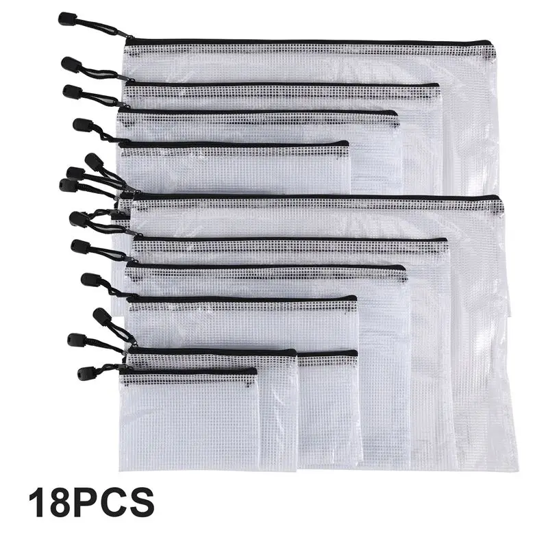 

18Pcs Mesh Zipper Pouch Document Bag, 8 Assorted Size, Waterproof Plastic Zip File Folders, Multipurpose For Office,Home