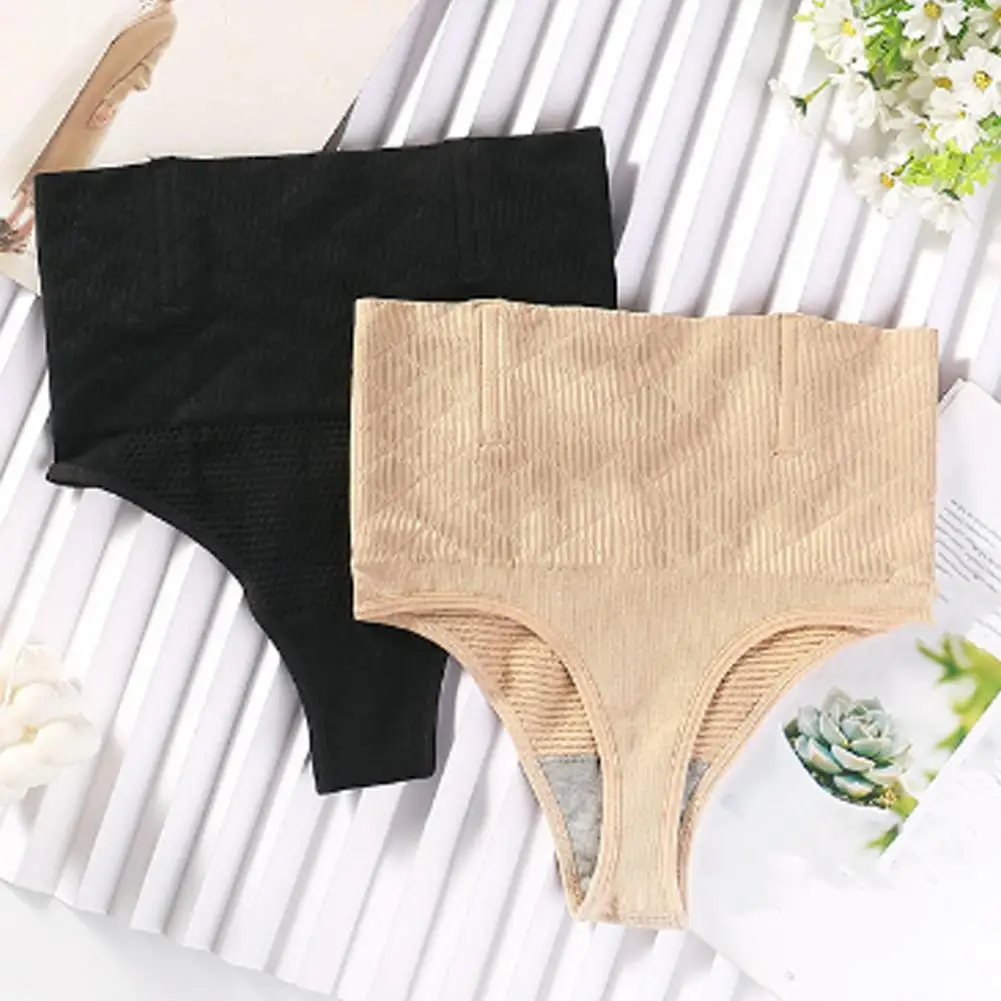 2 Pcs Women Thong High Waist Tummy Control Butt-uncovered One-piece Moulding Good Breathability Elastic Quick-drying Posture Cor