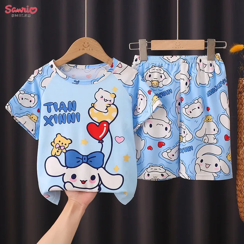 Sanrio Hello Kitty Kuromi Summer Children Pajamas Cinnamoroll My Melody Thin Cute Short Sleeved Clothing Set Cartoon Loungewear