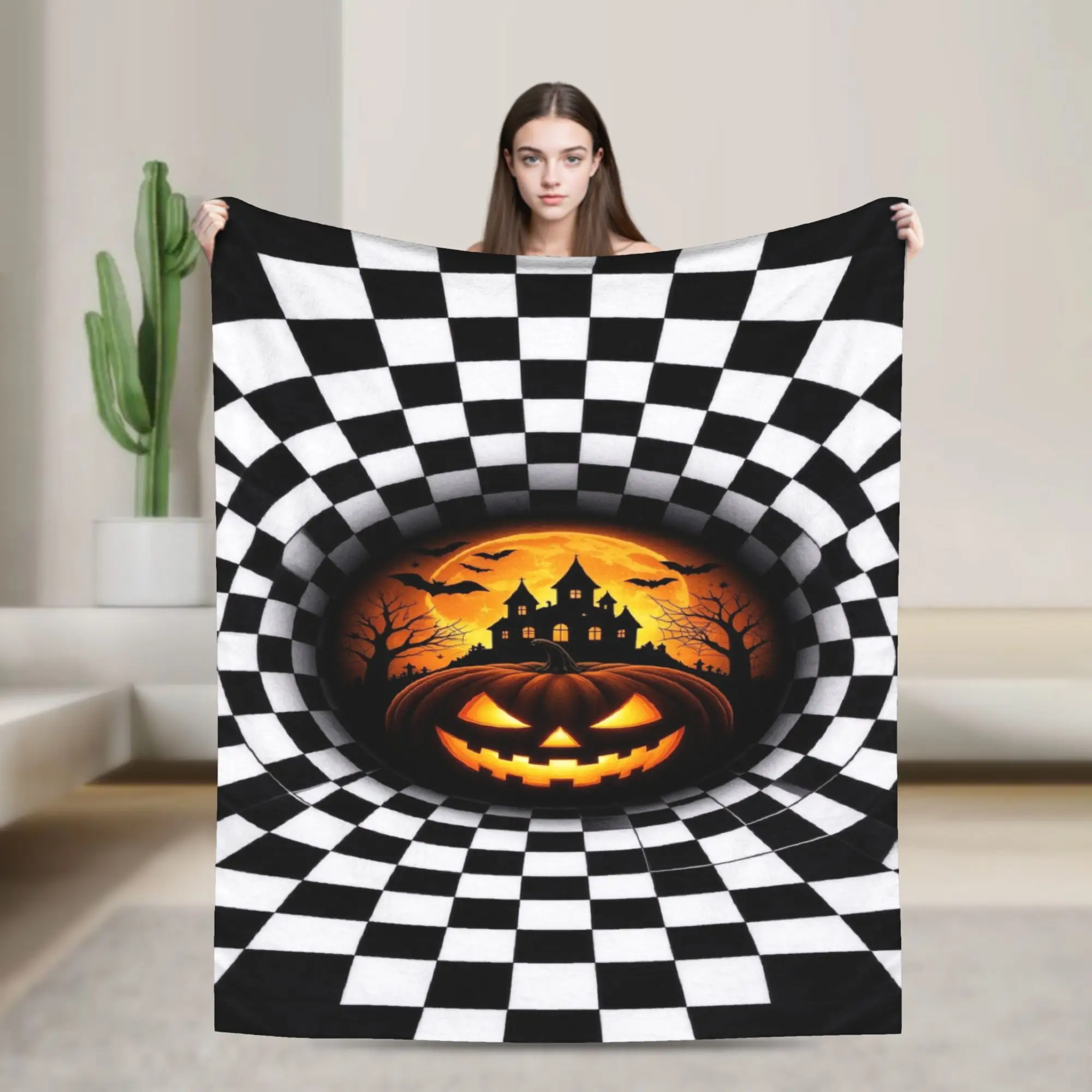 3D Illusion Halloween Flannel Blanket Spooky Pumpkin Funny Throw Blanket for Bed Sofa Couch 125*100cm Bedspread