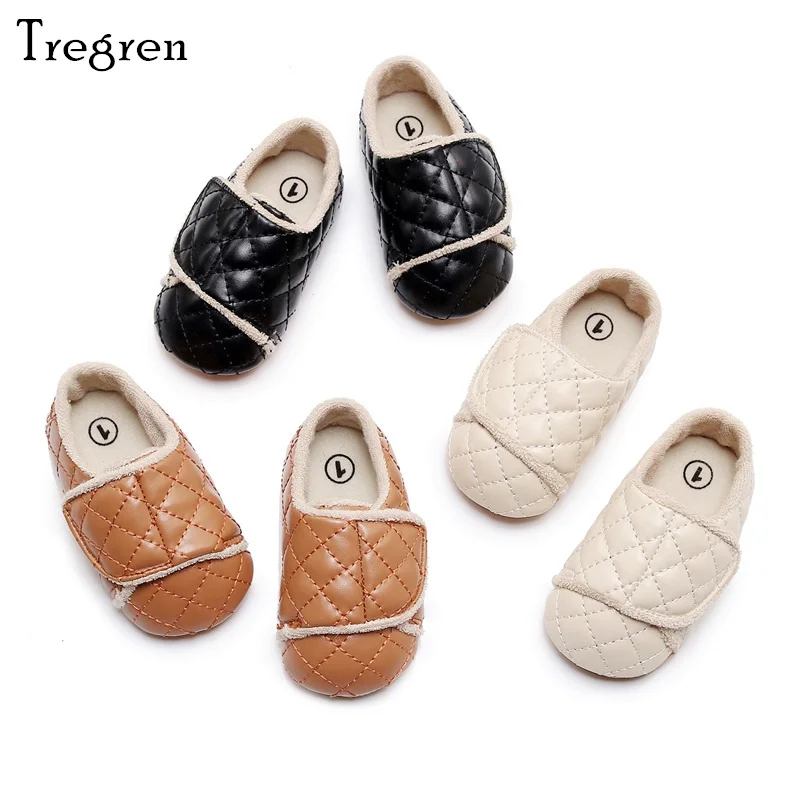 

Tregren 0-18M Winter Newborn Baby Girls Princess Shoes Diamond Check PU Flats Dress Walking Shoes Infant Casual Non-Slip Shoes