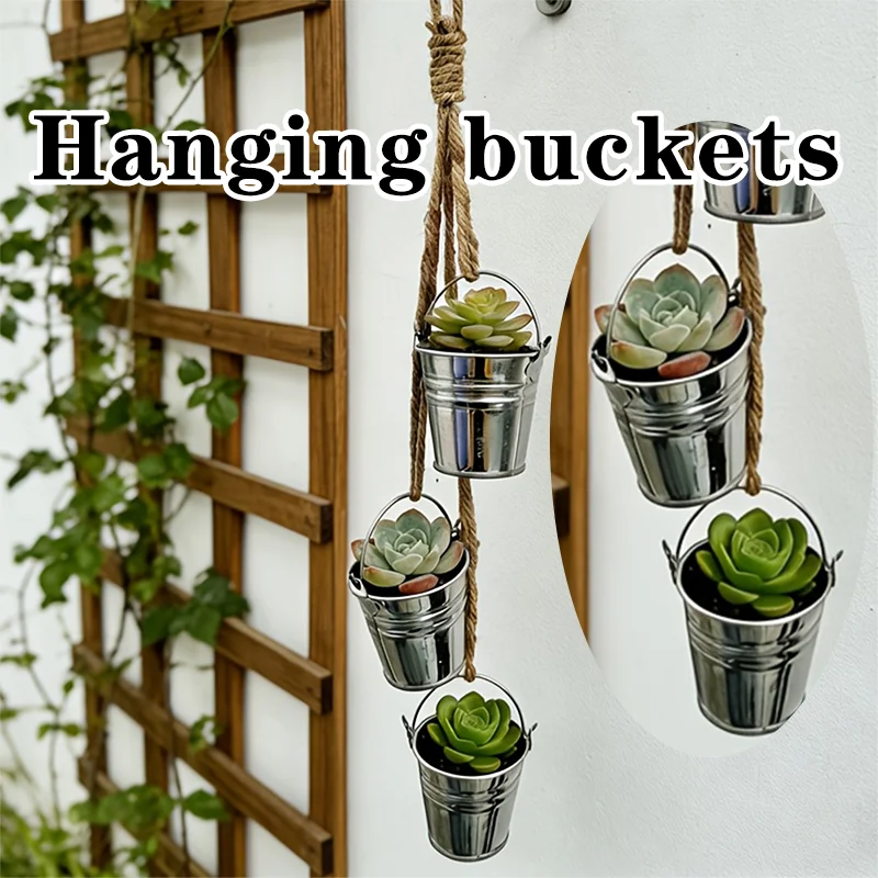 Mini Metal Hanging Buckets Set of 3 Jute Rope Wall Mount Tiny Tin Planters for Succulents Indoor Outdoor Decor