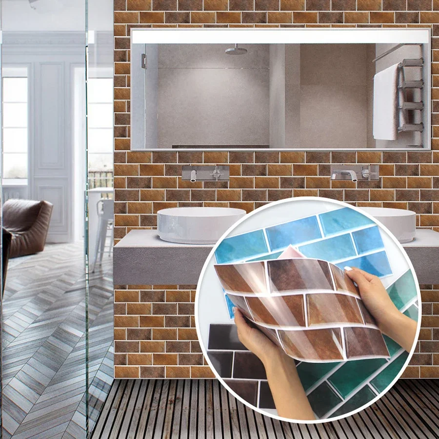 European Retro Tile Sticker PVC Self-Adhesive Kitchen Bathroom Waterproof Wall Decoration Brick Pattern Wallpaper 15x30cm 6pcs