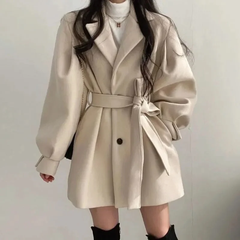 Autumn and Winter New Style 2022 Retro Western Style Lapel Tie Waist Suit Woolen Coat Fashionable Korea Chic Women's Clothing