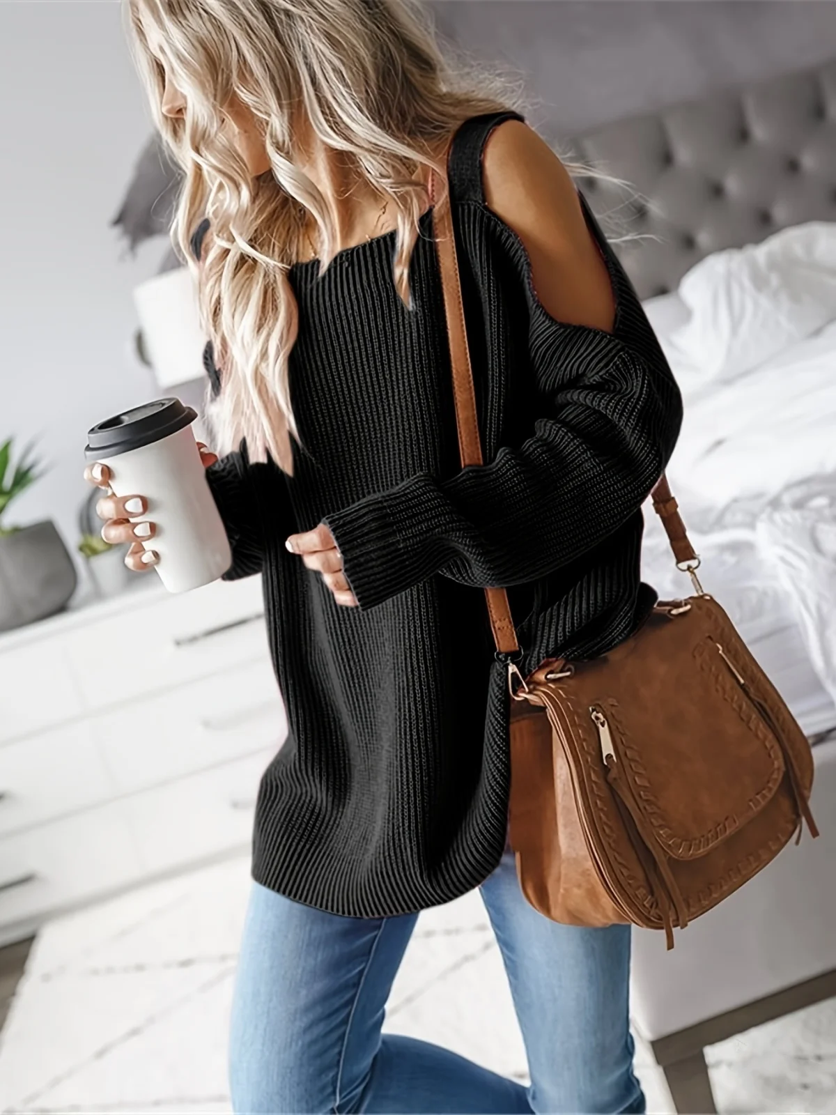 Off Shoulder Oversized Sweaters Women Solid Long Sleeve Square Neck Chunky Knit Autumn Tunic Sweater Side Split Pullover Tops