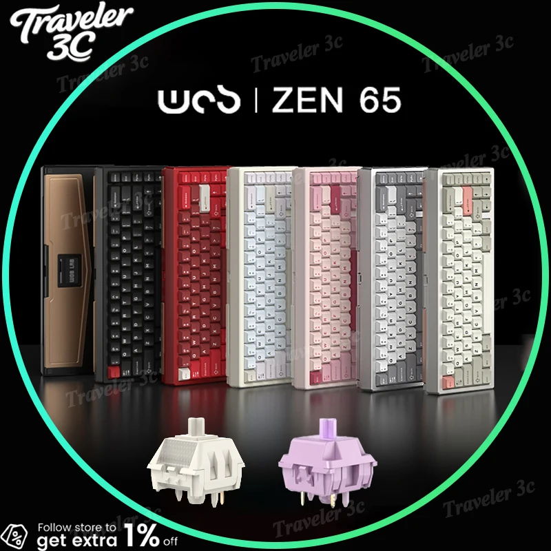 

2025 НОВАЯ WOB ZEN65 Индивидуальная трехрежимная беспроводная механическая клавиатура из алюминиевого сплава с верхней подсветкой ARGB 3000/6000 мАч PBT колпачки для клавиш
