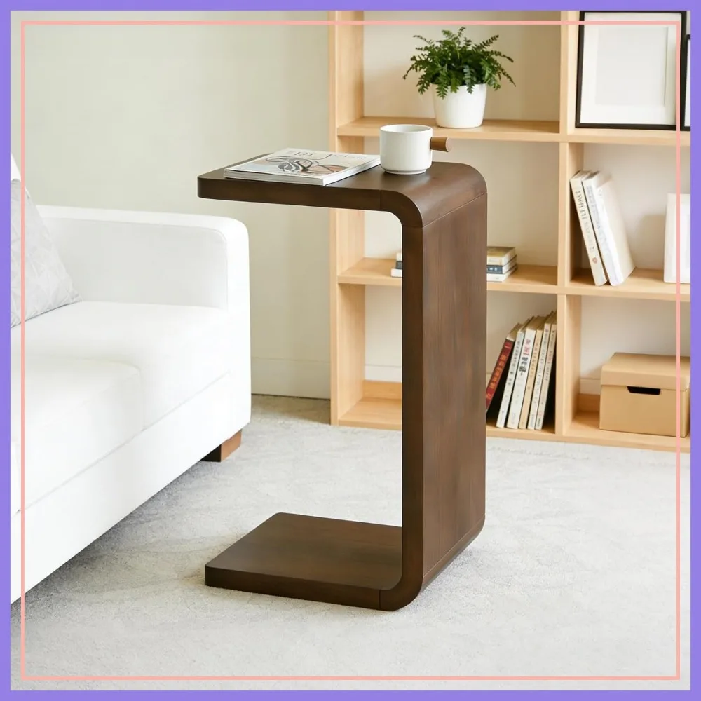 

C Shaped End Table, Small Side Table for Couch, Walnut Sofa Table, Narrow Wooden C Table for Living Room Bedroom Office
