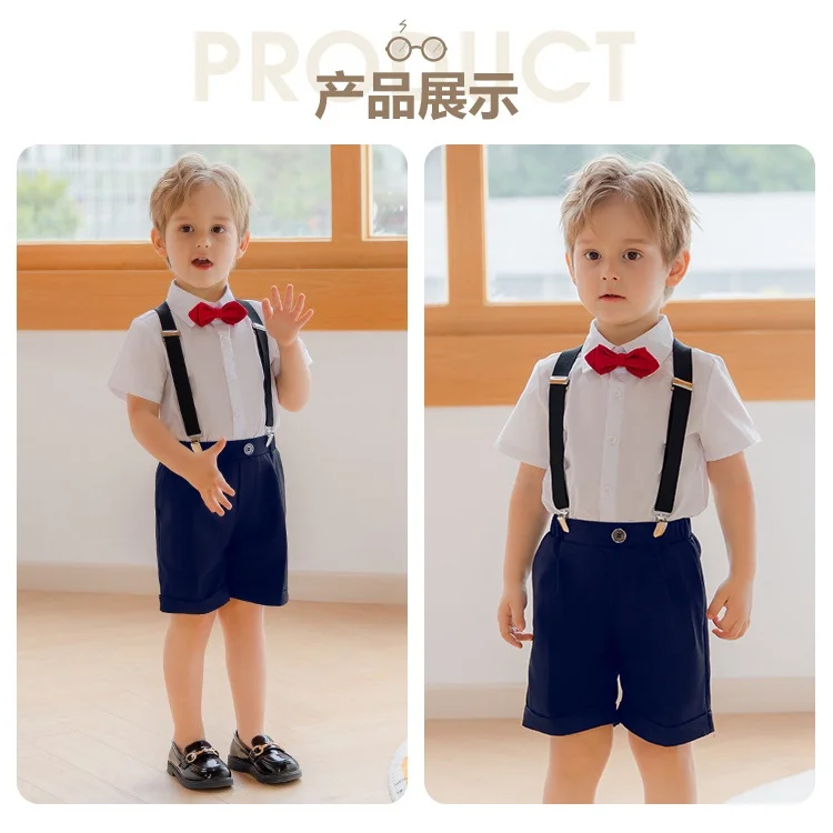 Kids Clothes for Boys 1 2 3 4 5 6 7 Years Old Short Sleeve White Shirt Tops + Beige Pants Birthday Wedding Gentleman Suit Set