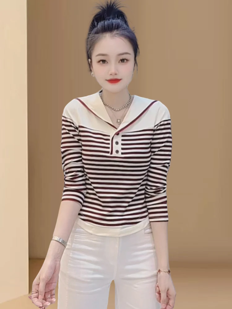 Slim Fit Gestreiftes Langes Sve Reines Baumwoll-T-Shirt Damen Faionable Color Blo Design Herbst Neues Sle Vielseitiges Freizeit-Top