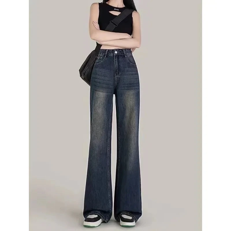 Harajuku mulheres streetwear vintage americano baggy carga jeans de cintura alta reta perna larga calรงas jeans azul