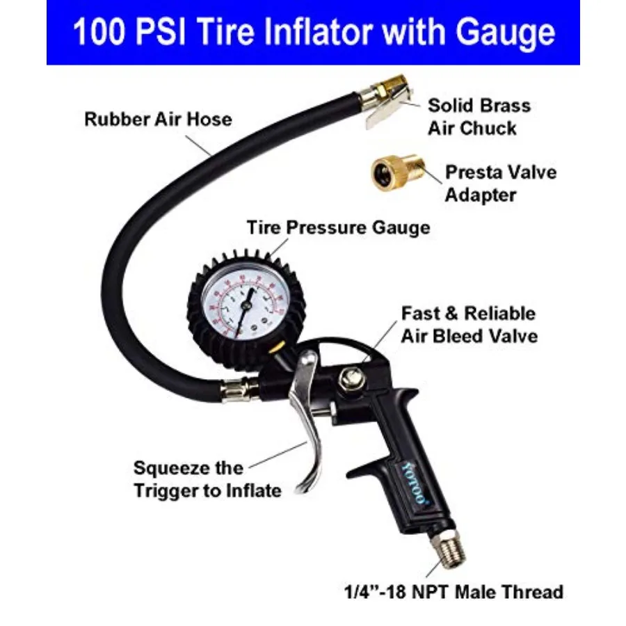 YOTOOヘビーデューティーエアコンプレッサーアクセサリーキット20点セット、1/4インチ×25フィートポリウレタンエアコンプレッサーホース100PSIタイヤ付き