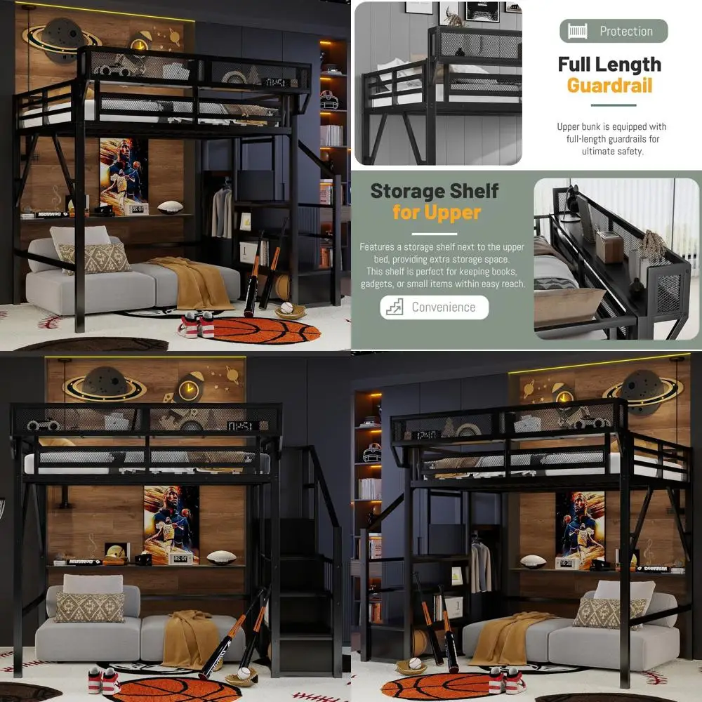 

Черная металлическая кровать-чердак с лестницей, полками для хранения, шкафом, подходит для детей и подростков - не требует пружинного основания.