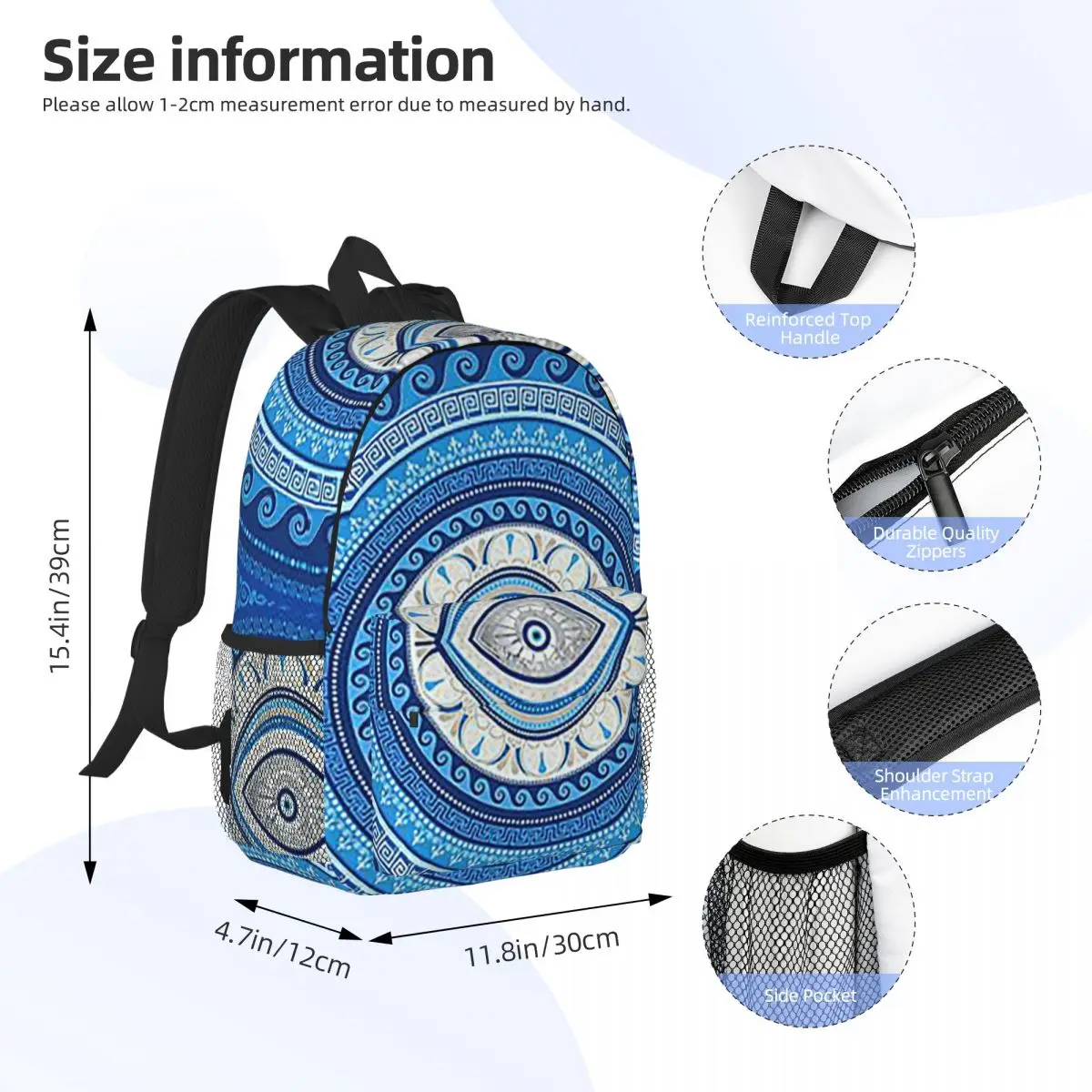 Greek Mati Mataki Greek Evil Eye Ornament Backpack Student Boys Girls BookBag Men Women School Bag Computer Shoulder Bags