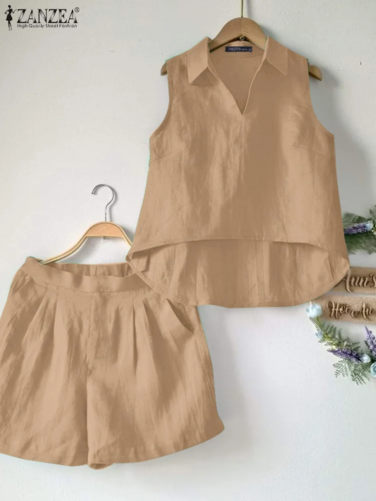 

ZANZEA Summer 2PCS Sleeveless Tanks Tops Short Sets 2025 Women Fashion Matching Sets Casual Solid Work Outfit Tracksuit Oversize