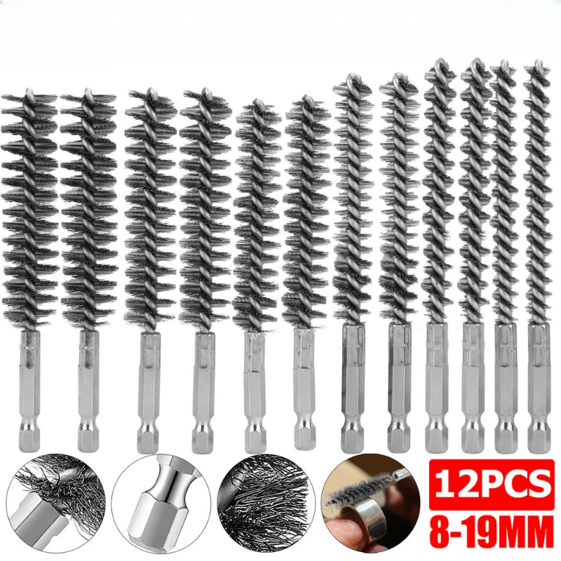 

12pcs Stainless Steel Wire Tube Brush 1/4" Hex Deburring Rust Removal Hole Cleaning Polishing Grinding Brush for Power Drill