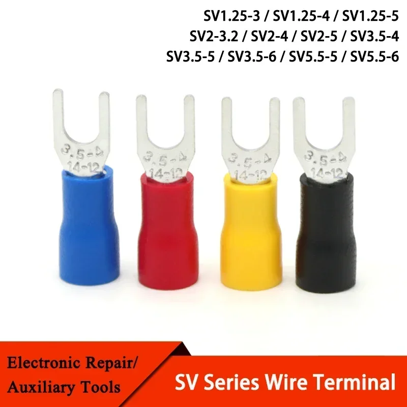 100 Stuks Sv Type Draad Lente Terminal SV1.25 SV2 Vork U Y Pvc Isoleren Adereindhulzen Blok Spade Koude Druk Kabel end Crimp Connector