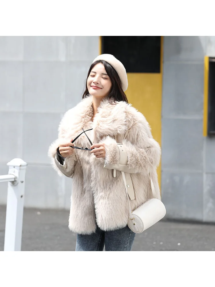 프렌치 겨울 따뜻한 카키색 인조 모피 패셔너블 벨트 버클 스윗 숏 캐주얼 젠틀 루즈 라펠 출퇴근 데이트 루즈 재킷