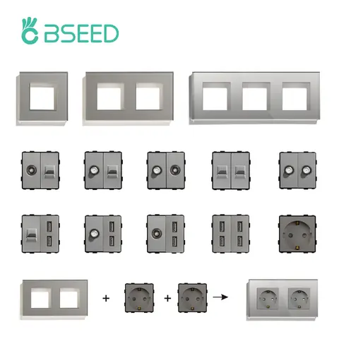 BSEED EU 유리 패널 및 USB 소켓 TV ST CAT5 인터넷 RJ45 기능 키 전기 콘센트 DIY 무료 조합