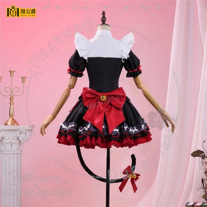 Chisa Cat Tail Sweet Gothic Black White Red Ruffle Maid Mini Dress Bow Long Wig Halloween Party Cosplay Wuthering Waves Badge - view 5