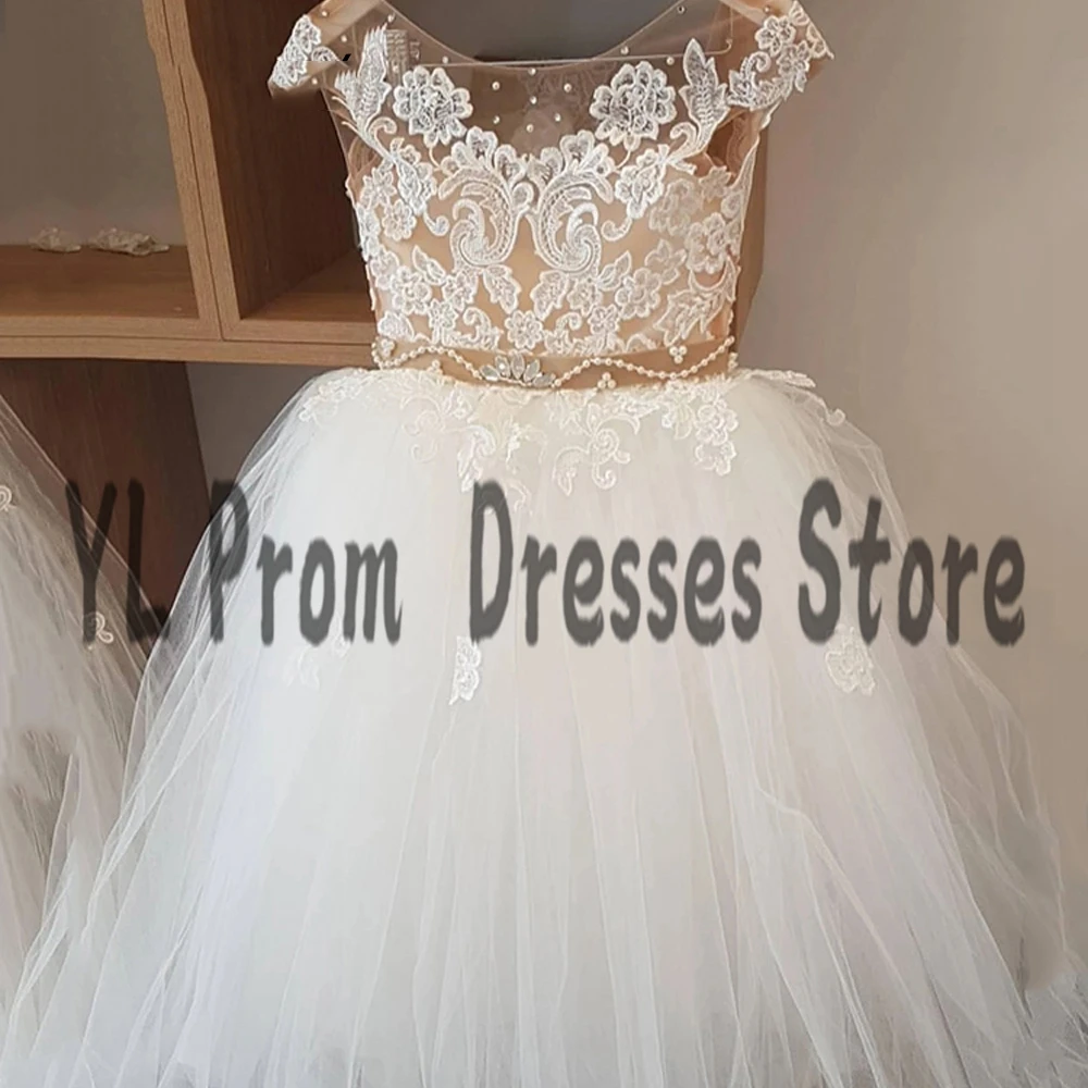 Yl marfim renda miçangas primeira comunhão vestidos de chá-comprimento colher pescoço pearsl a linha vestido de festa de casamento para bebê crianças vestidos de baile