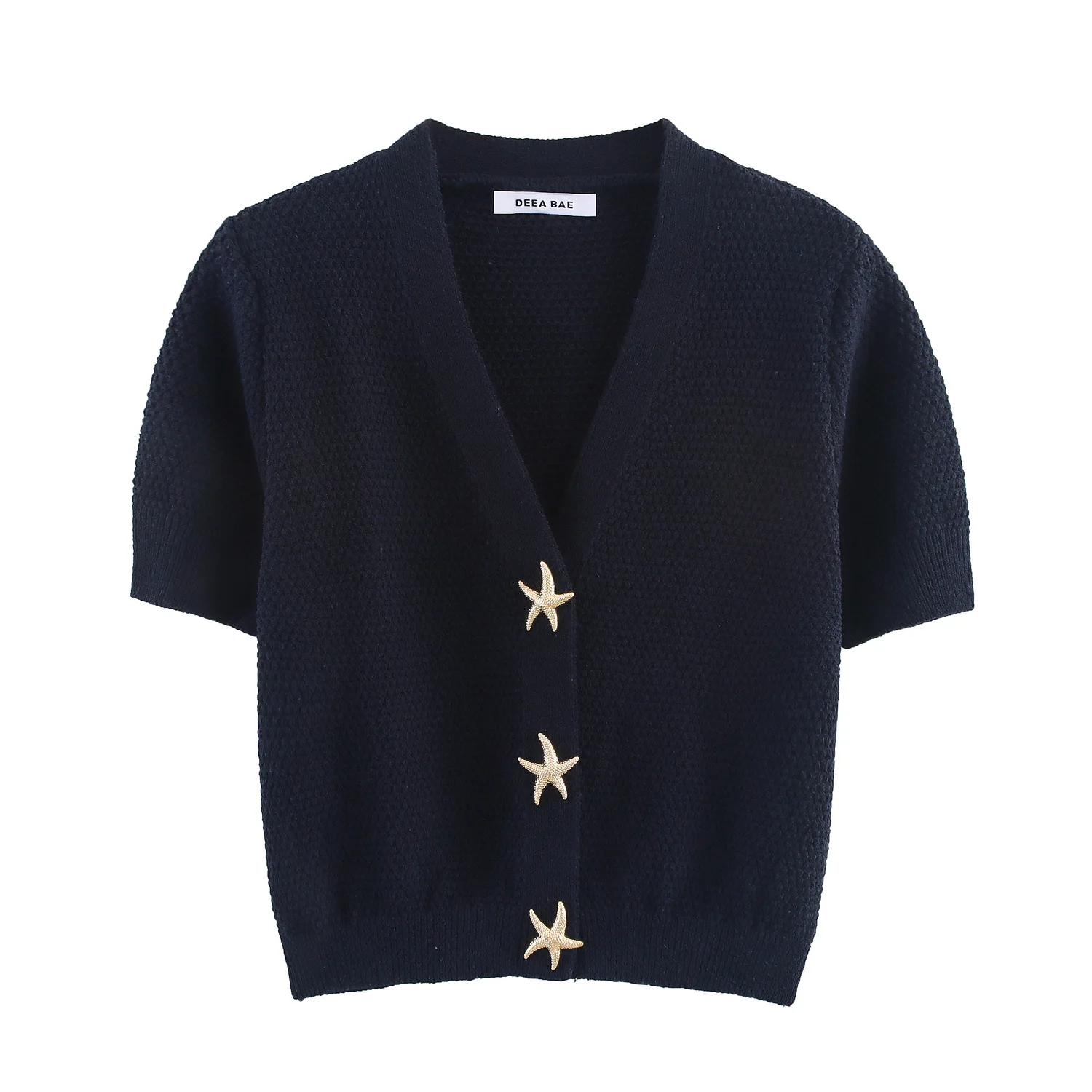 Women's Chic V-neck Crop Blouse Summer Fashion Thin Starfish Button Knitted Short Sleeve Elegant Cardigan Jacket for Females