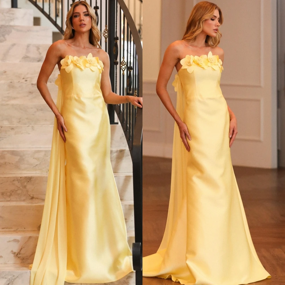 맞춤형 클래식 새틴 Strapless 이브닝 드레스 절묘한 꽃 댄스 파티 드레스 기질 특별 행사 가운