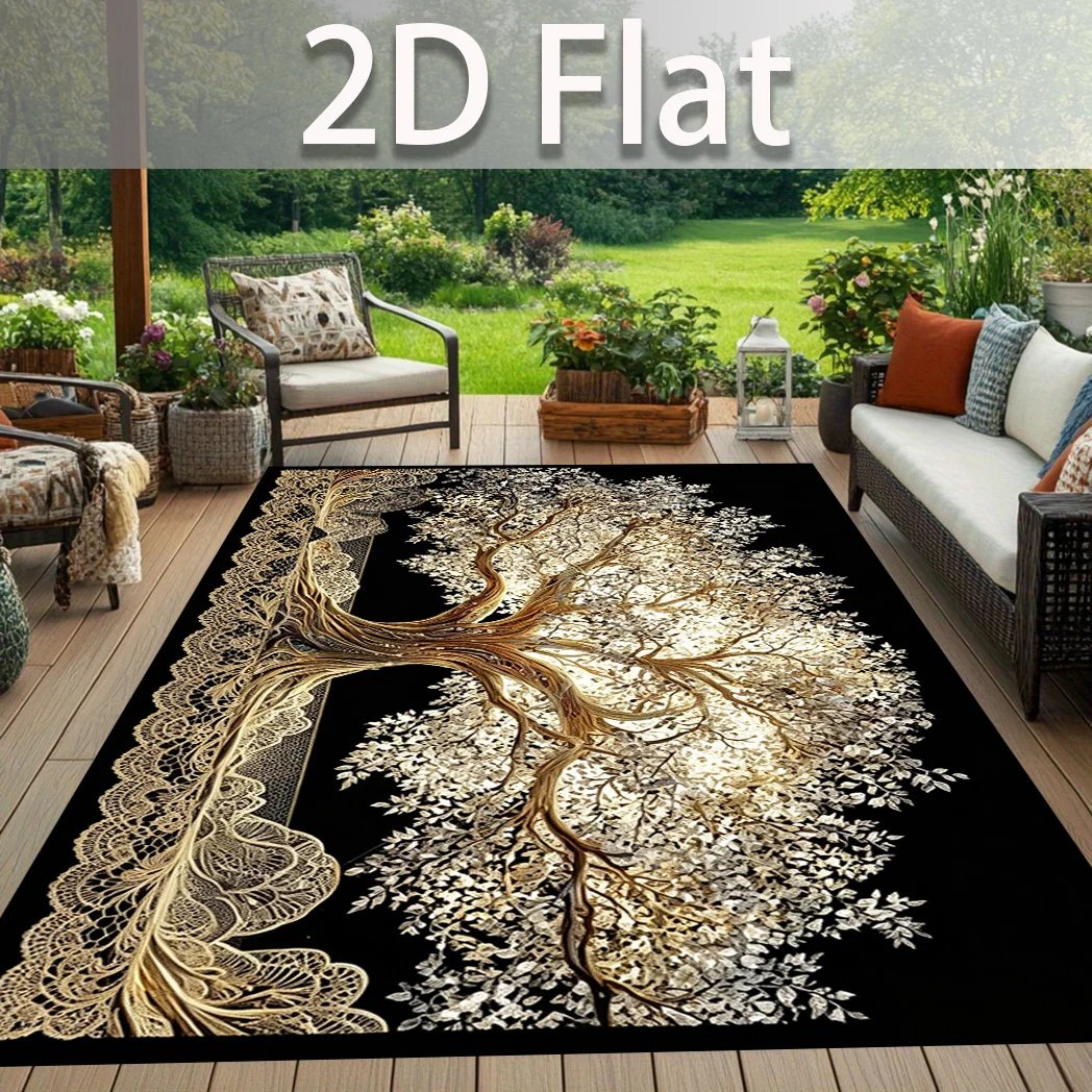 1pc 2D Flat Golden Tree of Life Pattern Indoor‑Outdoor Area Rug, Rectangular Thick‑Pile Rug with Non‑Slip Back