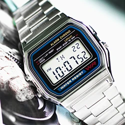 Luxus F91W Stahl Band Uhr Retro LED-Digital-Sport Military Uhr Elektronische Handgelenk Band Uhr Damen Männer Paare