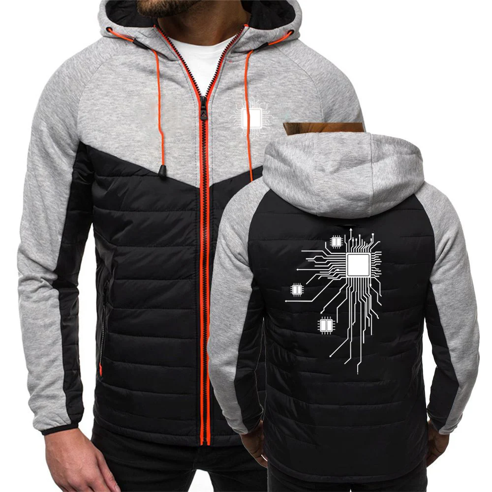2025 Spring Autumn CPU Processor Circuit Diagram Logo Printed Men's Classic High Street Solid Color Splicing Cotton Jacket Coats