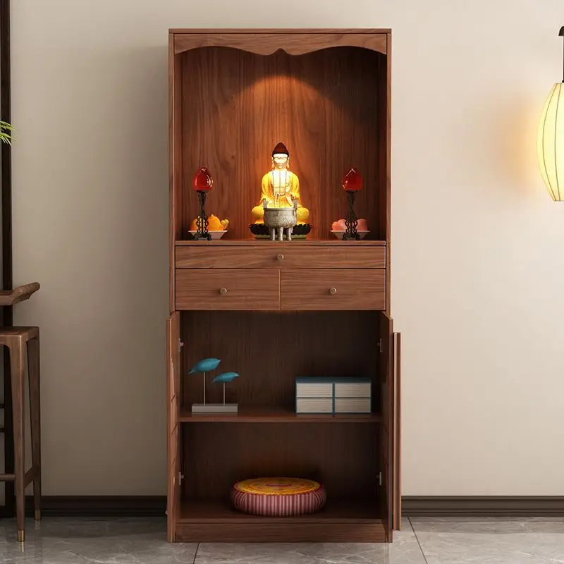 Household walnut offering cabinet with lamp and door dust-proof altar cabinet